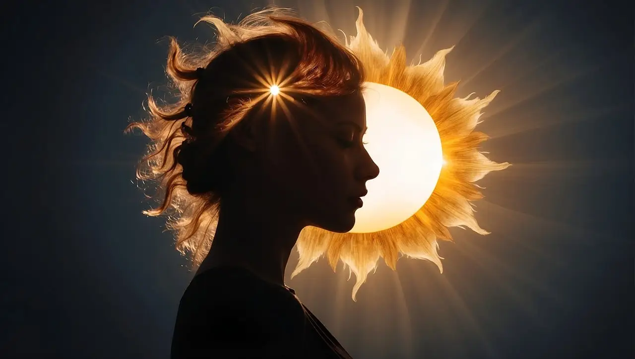 ein Frauenkopf, dahinter eine große Sonnenblume, die beleuchtet ist